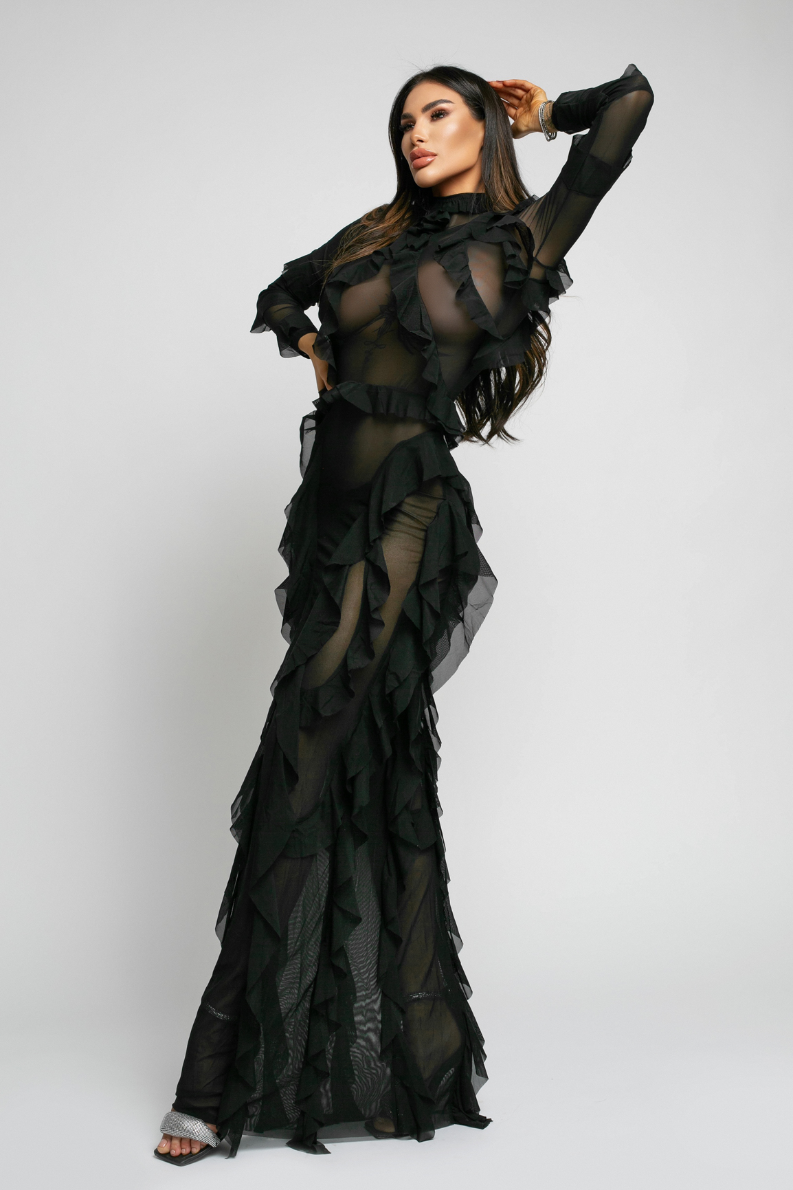 ROCHIE LUNGA DIN TULLE CU VOLANE -BLACK
