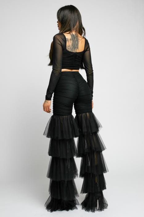 SET PANTALONI EVAZATI DIN TULLE CU BUSTIERA BLACK CHAOS