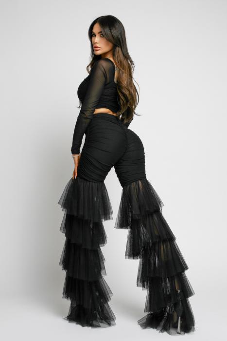 SET PANTALONI EVAZATI DIN TULLE CU BUSTIERA BLACK CHAOS